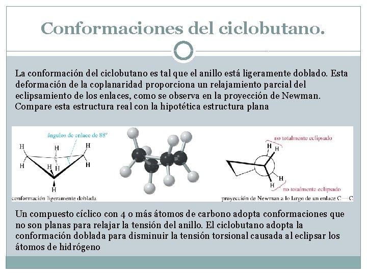 Conformaciones del ciclobutano. La conformación del ciclobutano es tal que el anillo está ligeramente