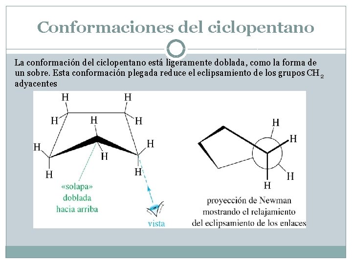 Conformaciones del ciclopentano La conformación del ciclopentano está ligeramente doblada, como la forma de