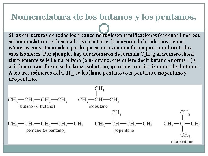 Nomenclatura de los butanos y los pentanos. Si las estructuras de todos los alcanos