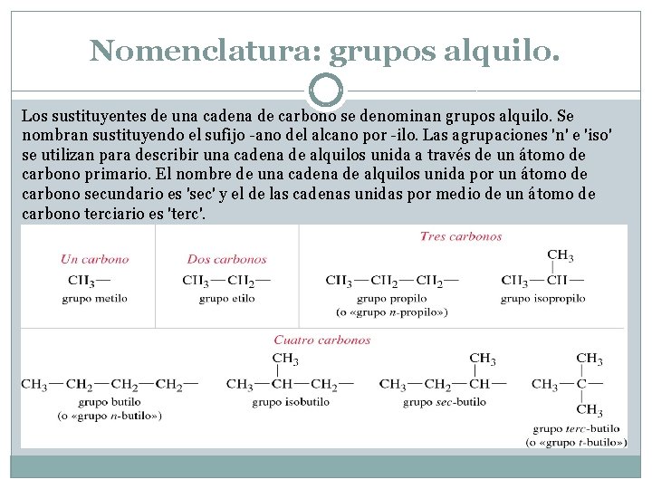 Nomenclatura: grupos alquilo. Los sustituyentes de una cadena de carbono se denominan grupos alquilo.