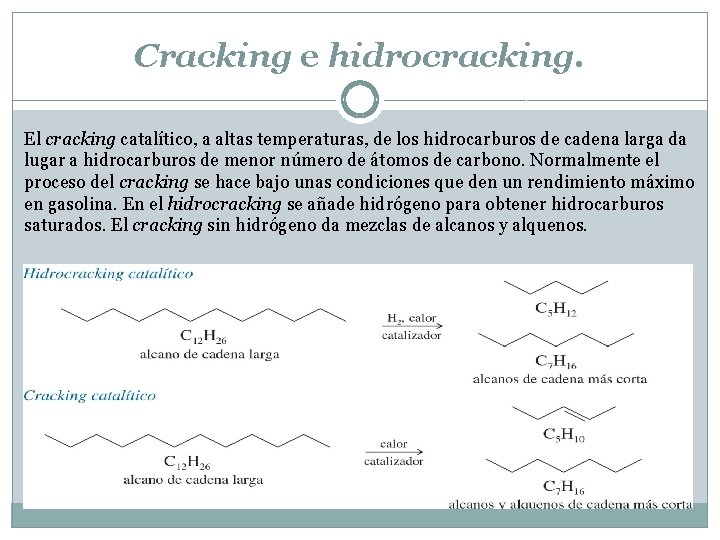 Cracking e hidrocracking. El cracking catalítico, a altas temperaturas, de los hidrocarburos de cadena