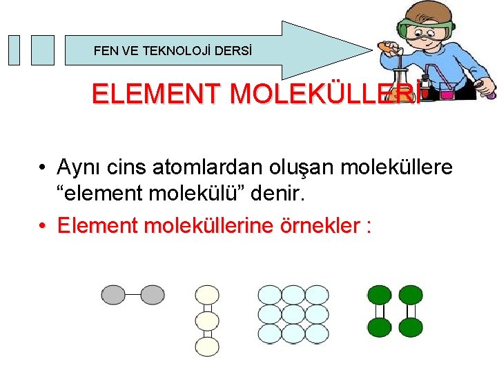 FEN VE TEKNOLOJİ DERSİ ELEMENT MOLEKÜLLERİ • Aynı cins atomlardan oluşan moleküllere “element molekülü” FEN VE TEKNOLOJİ DERSİ ELEMENT MOLEKÜLLERİ • Aynı cins atomlardan oluşan moleküllere “element molekülü”