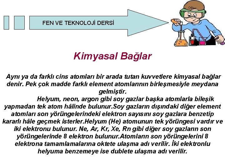 FEN VE TEKNOLOJİ DERSİ Kimyasal Bağlar Aynı ya da farklı cins atomları bir arada FEN VE TEKNOLOJİ DERSİ Kimyasal Bağlar Aynı ya da farklı cins atomları bir arada