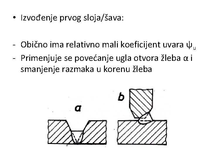  • Izvođenje prvog sloja/šava: - Obično ima relativno mali koeficijent uvara ψu -