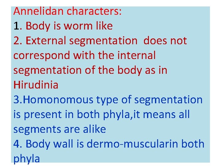 Annelidan characters: 1. Body is worm like 2. External segmentation does not correspond with