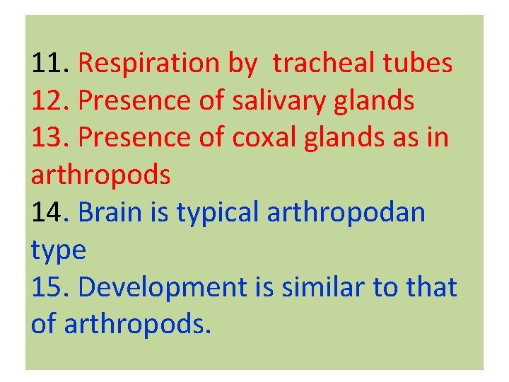 11. Respiration by tracheal tubes 12. Presence of salivary glands 13. Presence of coxal