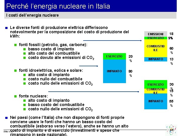 Perché l’energia nucleare in Italia I costi dell’energia nucleare Le diverse fonti di produzione