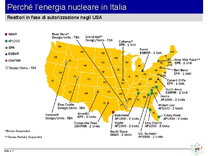 Perché l’energia nucleare in Italia Reattori in fase di autorizzazione negli USA Slide n.