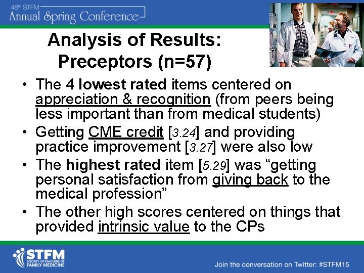 Analysis of Results: Preceptors (n=57) • The 4 lowest rated items centered on appreciation