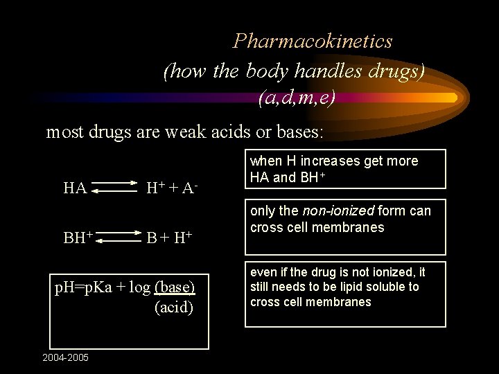 Pharmacokinetics (how the body handles drugs) (a, d, m, e) most drugs are weak