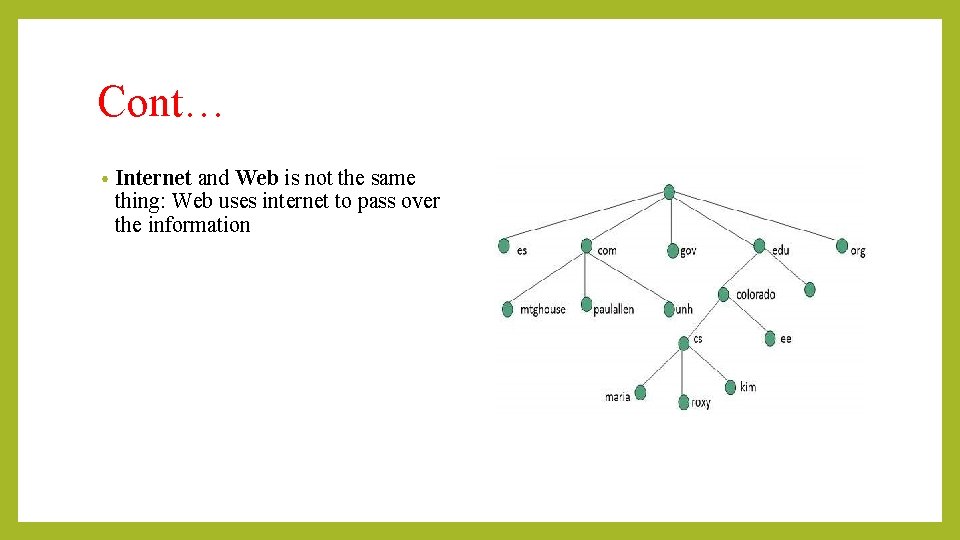 Cont… • Internet and Web is not the same thing: Web uses internet to