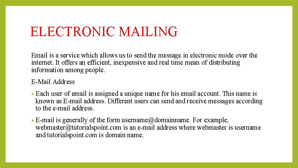 ELECTRONIC MAILING Email is a service which allows us to send the message in ELECTRONIC MAILING Email is a service which allows us to send the message in