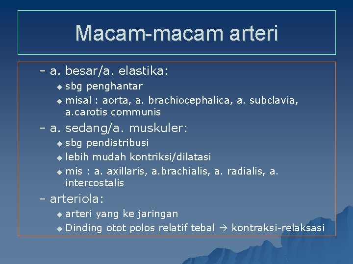 Macam-macam arteri – a. besar/a. elastika: u sbg penghantar u misal : aorta, a.