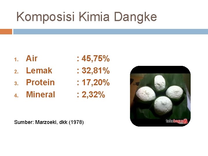 Komposisi Kimia Dangke 1. 2. 3. 4. Air Lemak Protein Mineral : 45, 75%