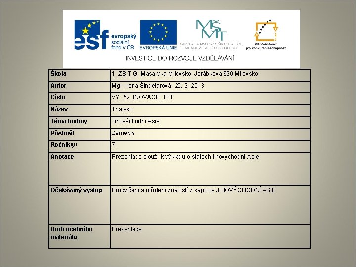 Škola 1. ZŠ T. G. Masaryka Milevsko, Jeřábkova 690, Milevsko Autor Mgr. Ilona Šindelářová,