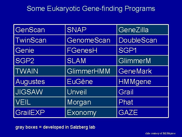 Some Eukaryotic Gene-finding Programs Gen. Scan Twin. Scan Genie SGP 2 TWAIN Augustes JIGSAW