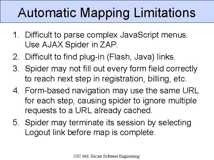 Automatic Mapping Limitations 1. Difficult to parse complex Java. Script menus. Use AJAX Spider