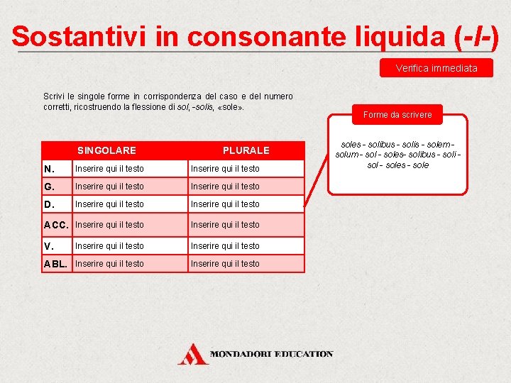 Sostantivi in consonante liquida (-l-) Verifica immediata Scrivi le singole forme in corrispondenza del