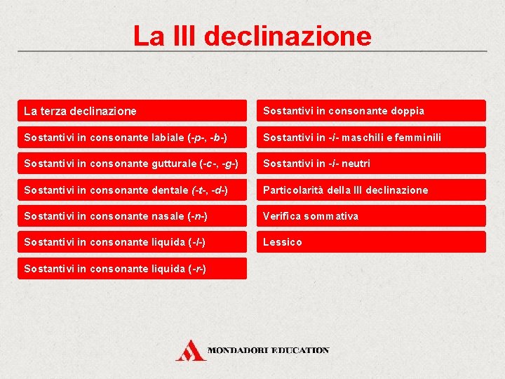 La III declinazione La terza declinazione Sostantivi in consonante doppia Sostantivi in consonante labiale