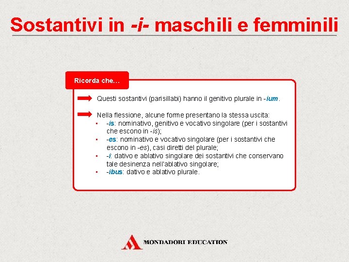 Sostantivi in -i- maschili e femminili Ricorda che… Questi sostantivi (parisillabi) hanno il genitivo