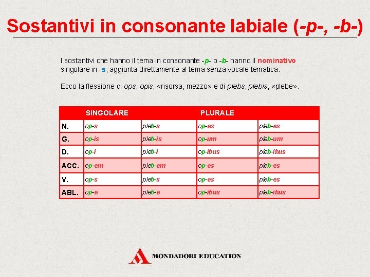 Sostantivi in consonante labiale (-p-, -b-) I sostantivi che hanno il tema in consonante