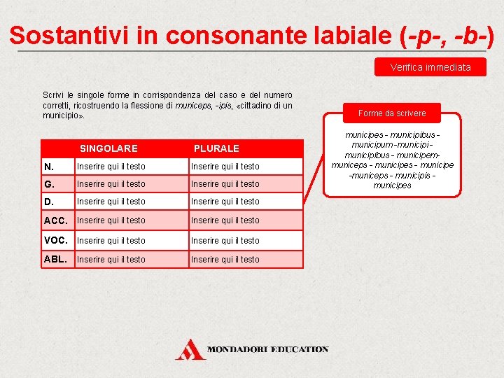 Sostantivi in consonante labiale (-p-, -b-) Verifica immediata Scrivi le singole forme in corrispondenza