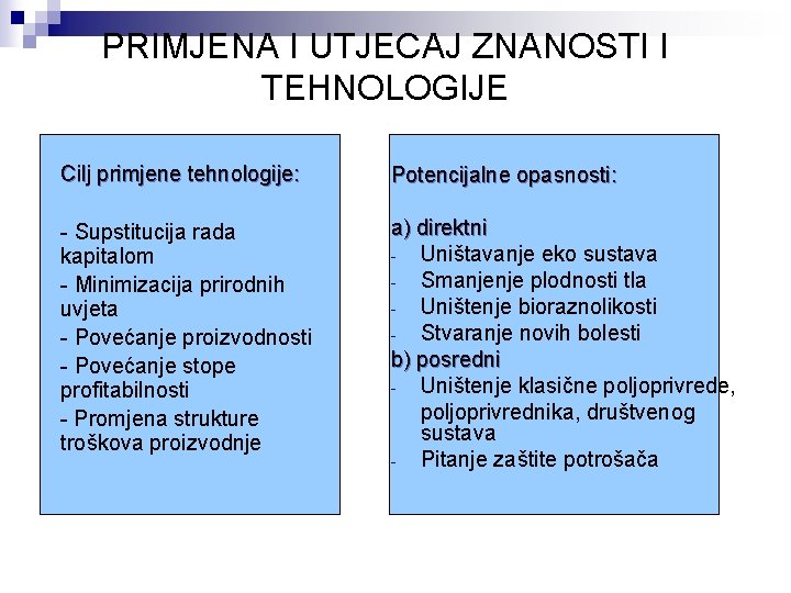 PRIMJENA I UTJECAJ ZNANOSTI I TEHNOLOGIJE Cilj primjene tehnologije: Potencijalne opasnosti: - Supstitucija rada