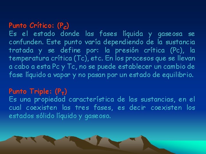Punto Crítico: (PC) Es el estado donde las fases líquida y gaseosa se confunden.