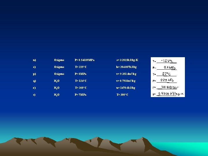 n) Oxígeno P= 0. 54339 MPa s= 3. 2823 k. J/kg-K T= _______ o)