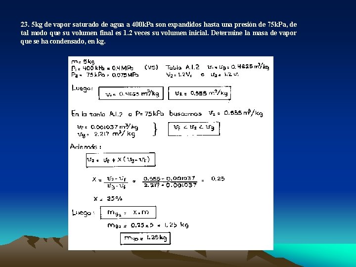 23. 5 kg de vapor saturado de agua a 400 k. Pa son expandidos