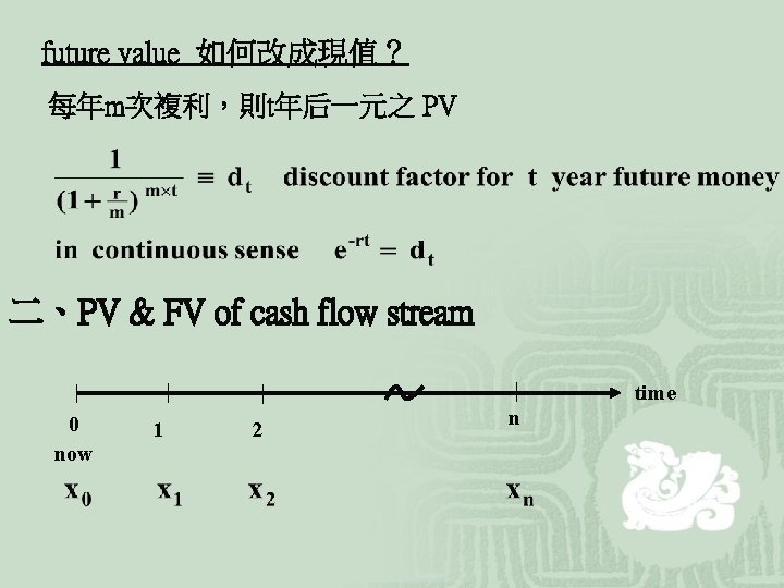 future value 如何改成現值？ 每年m次複利，則t年后一元之 PV 二、PV & FV of cash flow stream time 0