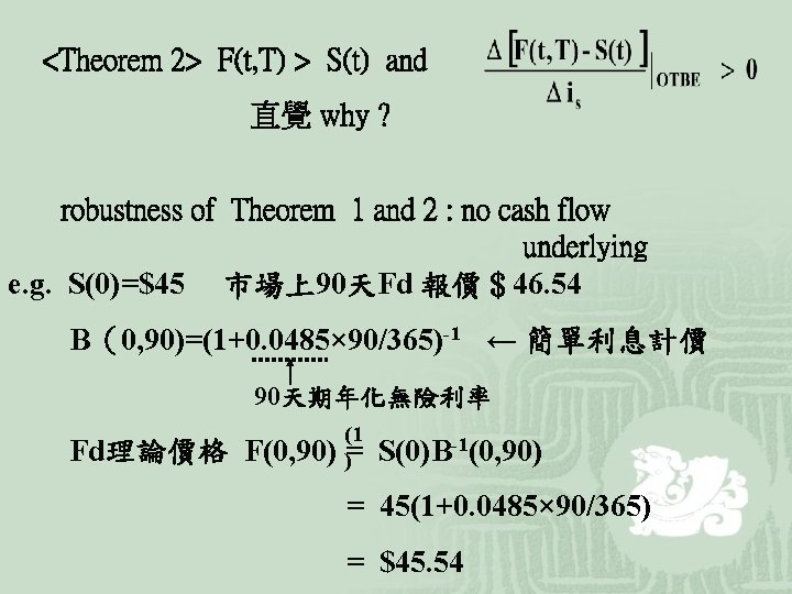 <Theorem 2> F(t, T) > S(t) and 直覺 why ? robustness of Theorem 1