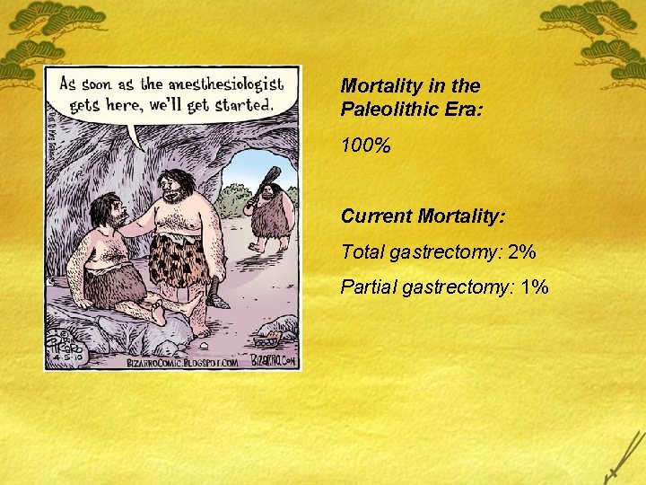Mortality in the Paleolithic Era: 100% Current Mortality: Total gastrectomy: 2% Partial gastrectomy: 1%