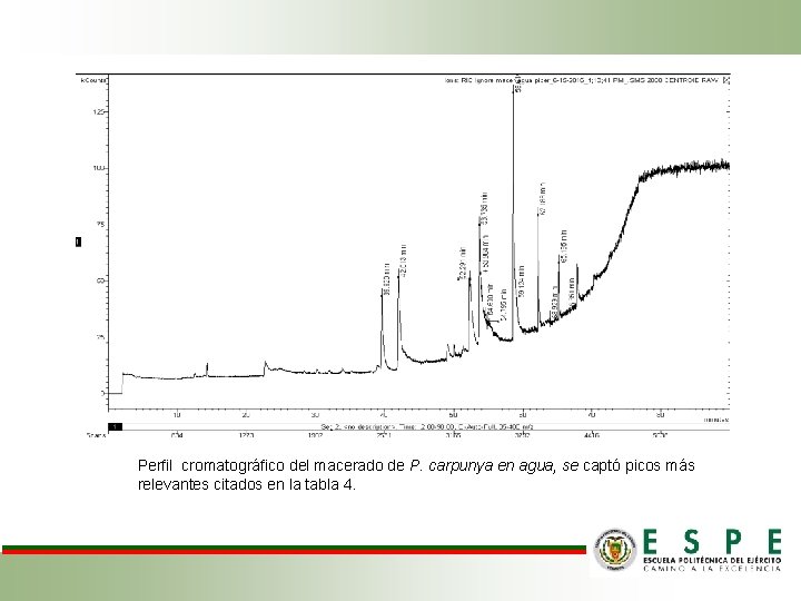 Perfil cromatográfico del macerado de P. carpunya en agua, se captó picos más relevantes