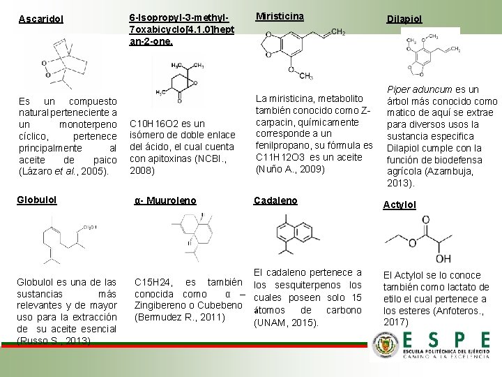 6 -Isopropyl-3 -methyl 7 oxabicyclo[4. 1. 0]hept an-2 -one. Ascaridol Miristicina Dilapiol La miristicina,