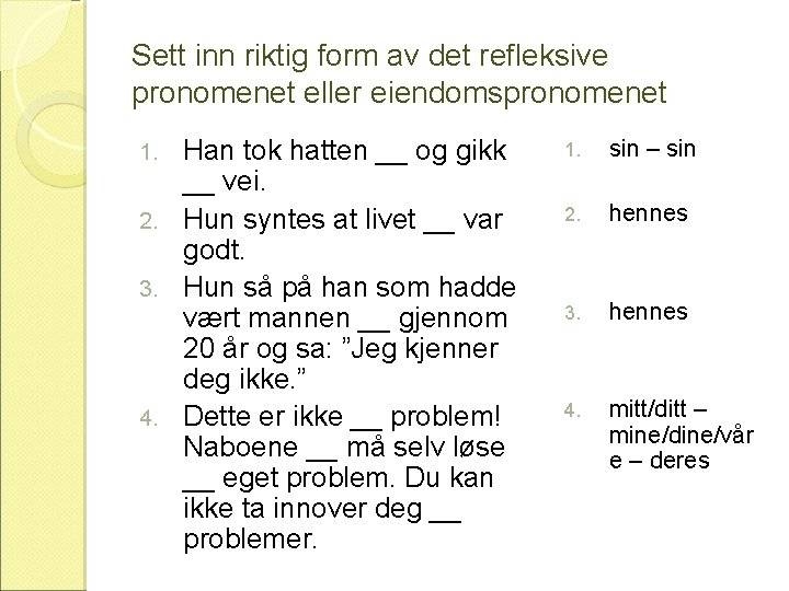 Sett inn riktig form av det refleksive pronomenet eller eiendomspronomenet Han tok hatten __