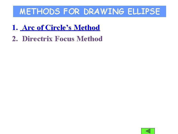 METHODS FOR DRAWING ELLIPSE 1. Arc of Circle’s Method 2. Directrix Focus Method 