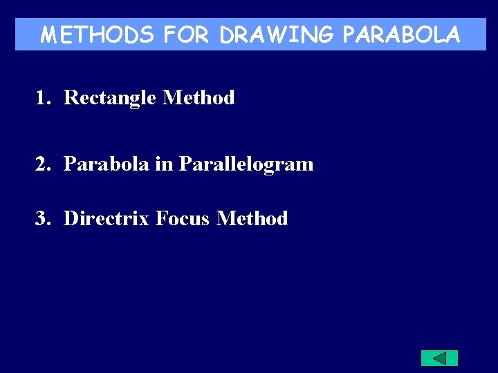 METHODS FOR DRAWING PARABOLA 1. Rectangle Method 2. Parabola in Parallelogram 3. Directrix Focus