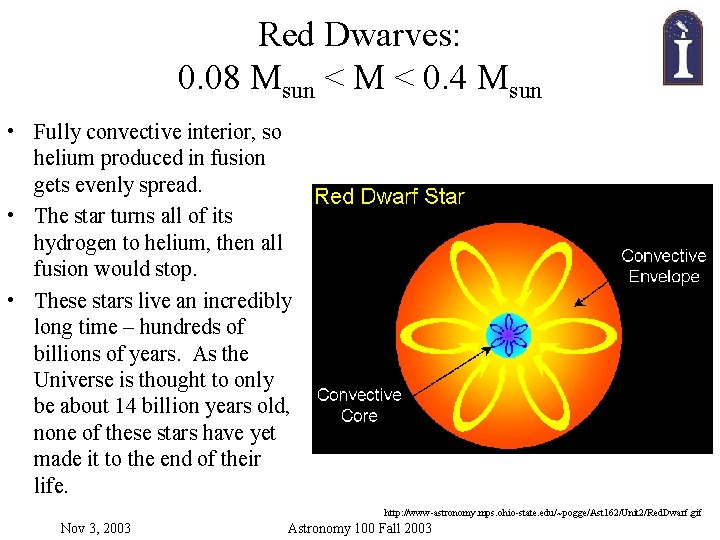 Red Dwarves: 0. 08 Msun < M < 0. 4 Msun • Fully convective Red Dwarves: 0. 08 Msun < M < 0. 4 Msun • Fully convective