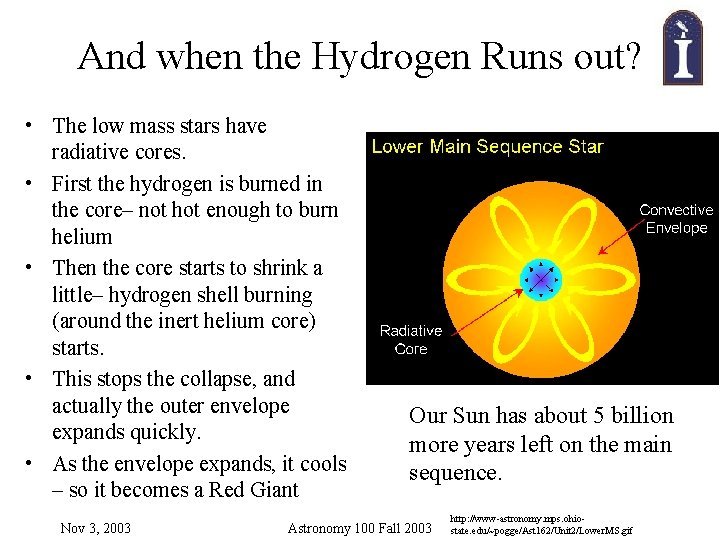 And when the Hydrogen Runs out? • The low mass stars have radiative cores. And when the Hydrogen Runs out? • The low mass stars have radiative cores.