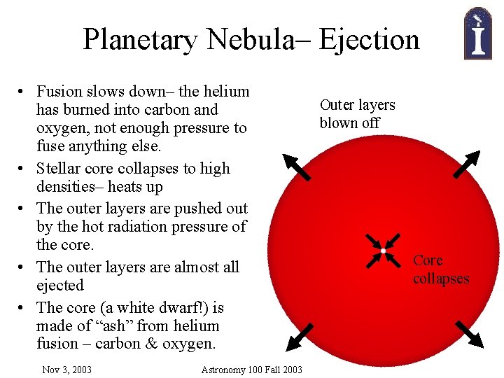 Planetary Nebula– Ejection • Fusion slows down– the helium has burned into carbon and Planetary Nebula– Ejection • Fusion slows down– the helium has burned into carbon and