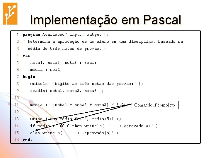 Implementação em Pascal 1 program Avaliacao( input, output ); 2 { Determina a aprovação