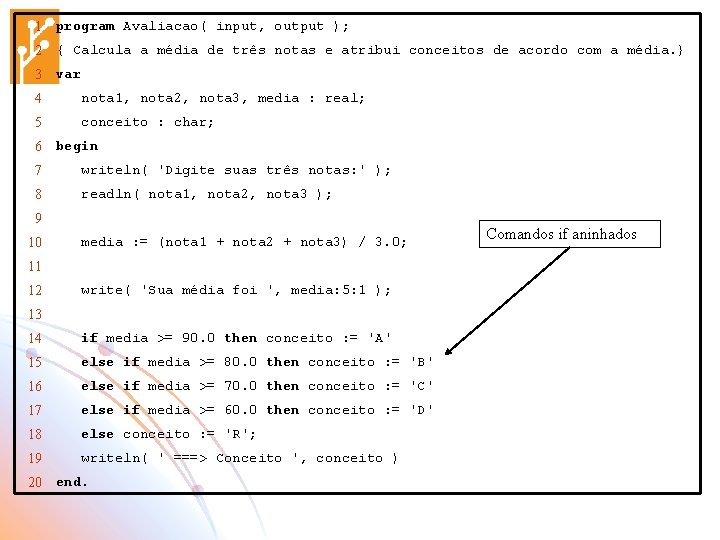 1 program Avaliacao( input, output ); 2 { Calcula a média de três notas