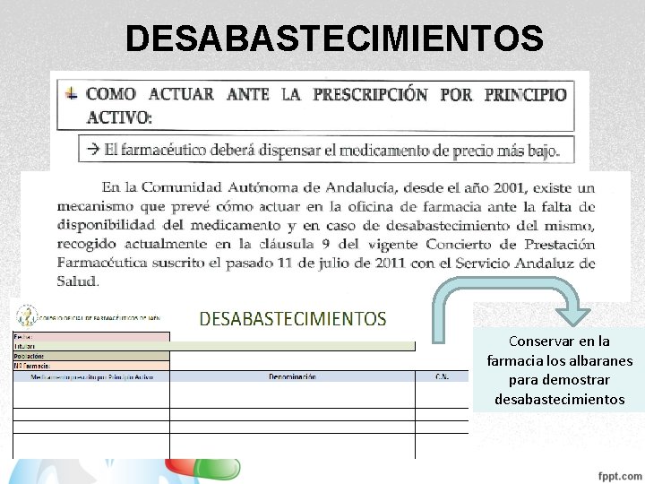 DESABASTECIMIENTOS Conservar en la farmacia los albaranes para demostrar desabastecimientos DESABASTECIMIENTOS Conservar en la farmacia los albaranes para demostrar desabastecimientos