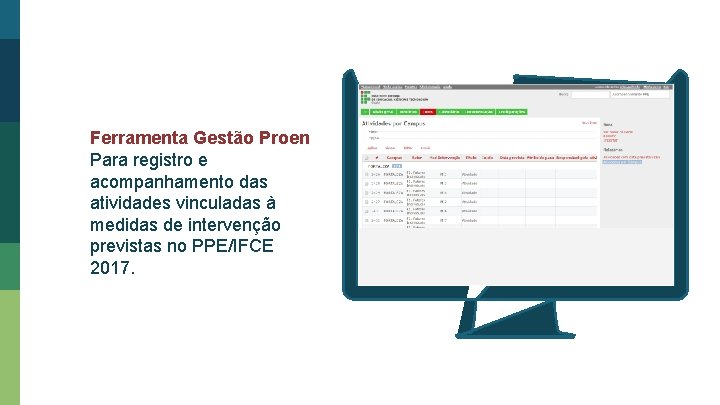 Ferramenta Gestão Proen Para registro e acompanhamento das atividades vinculadas à medidas de intervenção Ferramenta Gestão Proen Para registro e acompanhamento das atividades vinculadas à medidas de intervenção