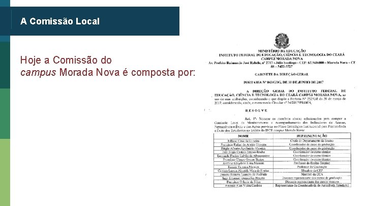 A Comissão Local Hoje a Comissão do campus Morada Nova é composta por: 