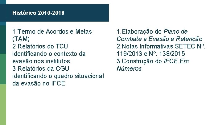 Histórico 2010 -2016 1. Termo de Acordos e Metas (TAM) 2. Relatórios do TCU