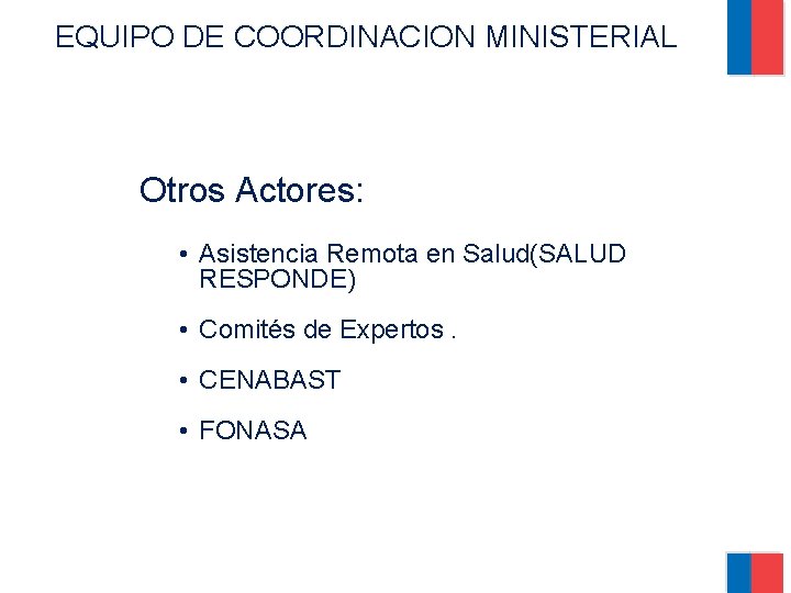 EQUIPO DE COORDINACION MINISTERIAL Otros Actores: • Asistencia Remota en Salud(SALUD RESPONDE) • Comités