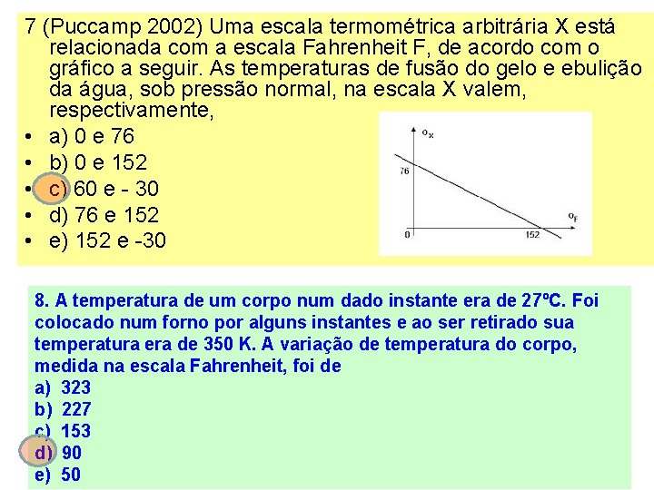7 (Puccamp 2002) Uma escala termométrica arbitrária X está relacionada com a escala Fahrenheit