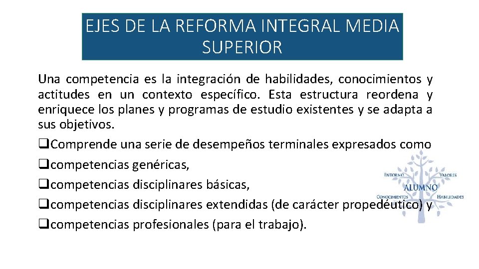 EJES DE LA REFORMA INTEGRAL MEDIA SUPERIOR Una competencia es la integración de habilidades,